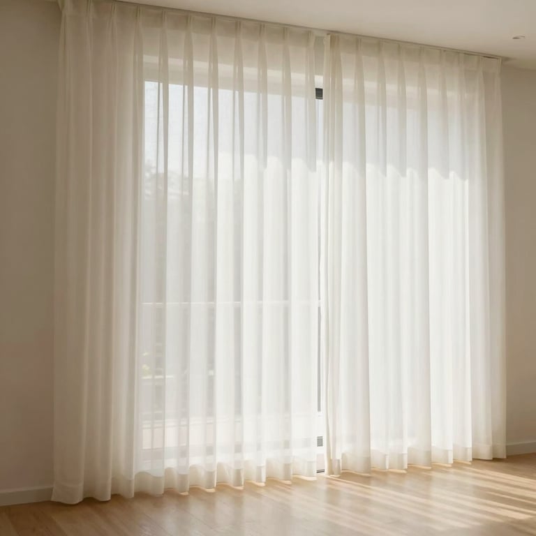 Floor-to-ceiling sheer linen drapes in a bright, modern bedroom with warm #F9F7F3 tones.