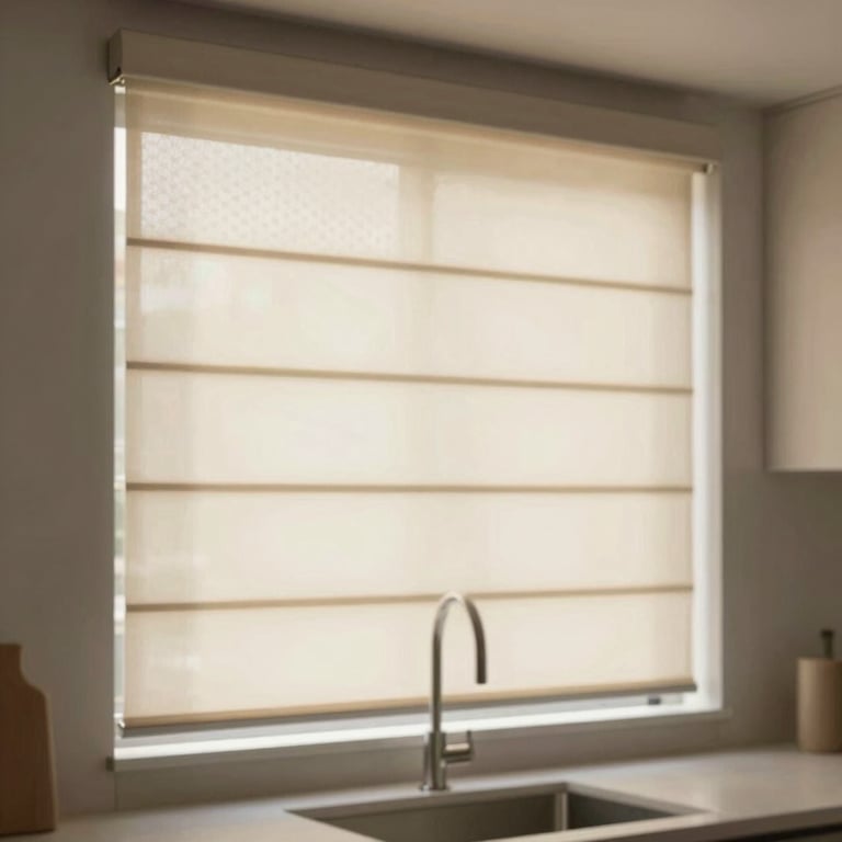 Modern honeycomb blinds in a kitchen, showcasing soft light diffusion and sophisticated design.