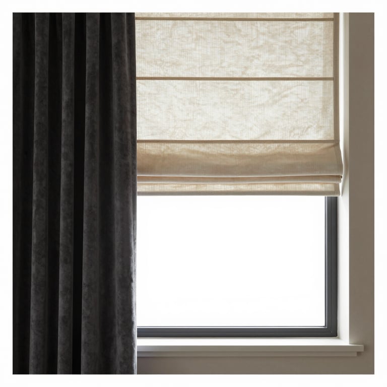 Layered window treatments combining roman shades and velvet curtains in a high-end lounge.