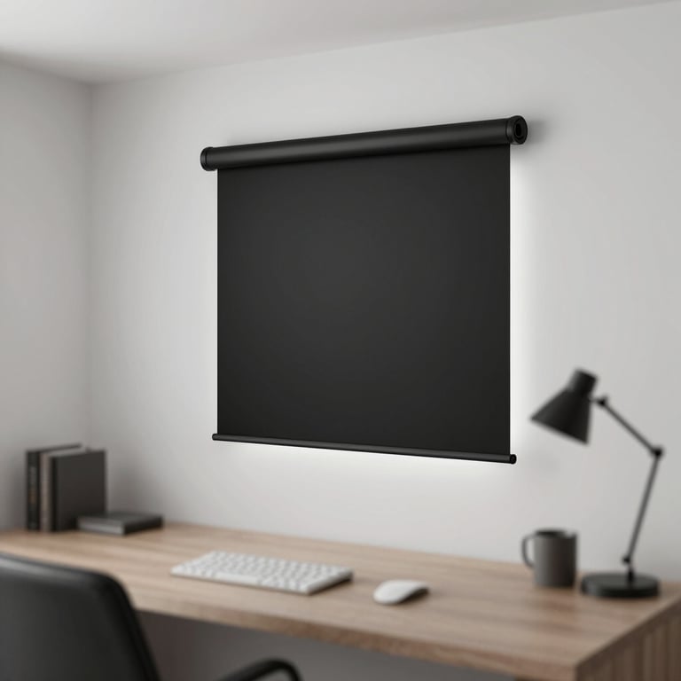 Sleek black motorized shades in a minimalist home office with clean #DEDBD6 walls.