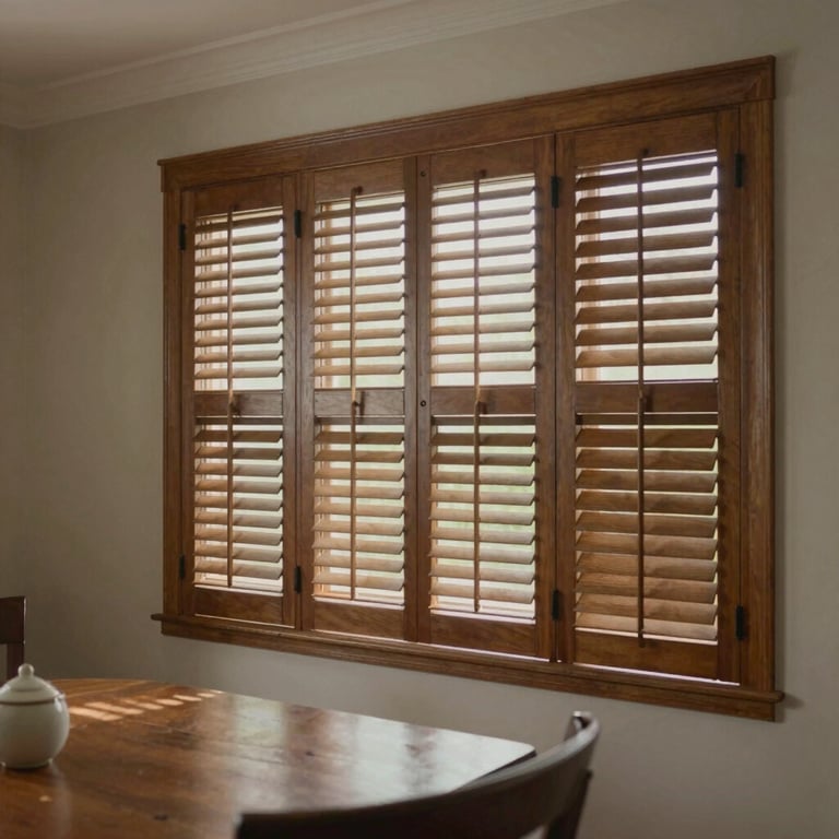 Elegant plantation shutters in a traditional dining room, highlighting classic wooden textures (#7A5B44).