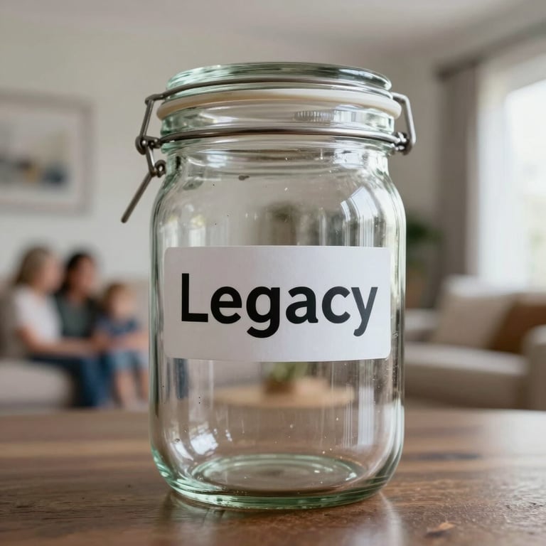 Close-up of a glass savings jar with the word Legacy written on it, with a bokeh background of a secure and modern family home.