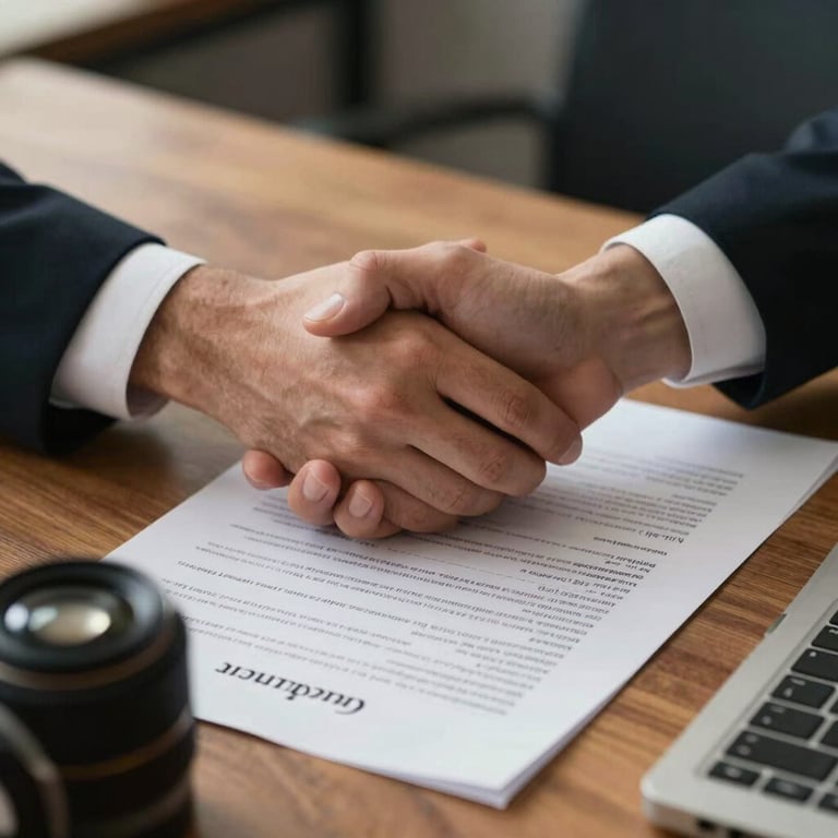 Professional close-up of hands shaking over a wooden table with financial documents, representing a secure agreement and trust.
