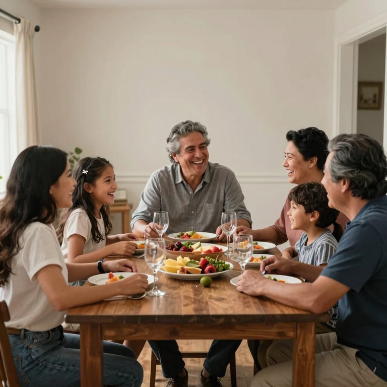 A multi-generational North American / Hispanic family gathered around a dinner table, laughing together in a warm, clean home interior.