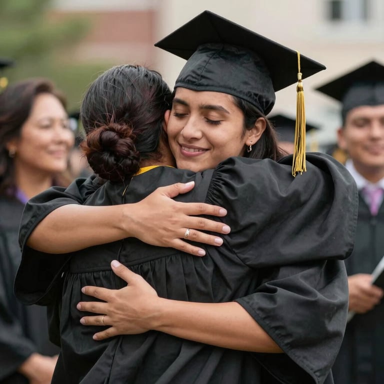 A college graduation scene showing a North American / Hispanic student hugging their parents, celebrating success and emotional legacy.