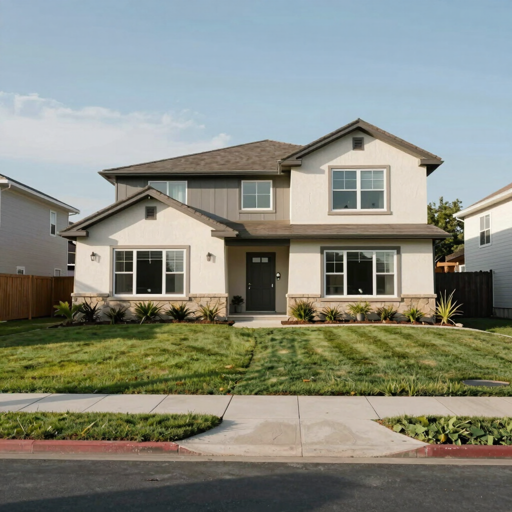 A modern, clean house exterior with a well-kept lawn in a friendly North American / Hispanic neighborhood under a clear sky.
