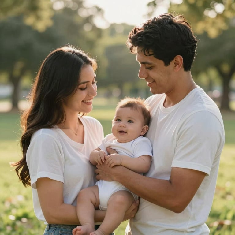 Young North American / Hispanic couple holding a baby, smiling together in a sunlit park, soft afternoon sun, warm tones.