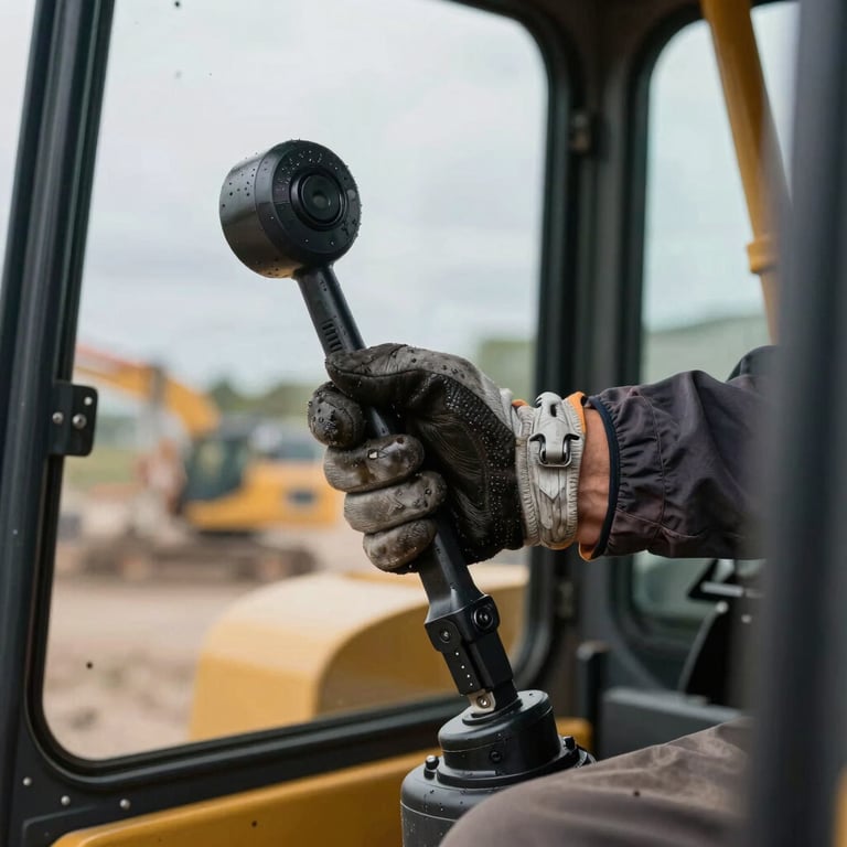 Tight close-up of a worker's gloved hand gripping a hydraulic control lever inside an excavator cab, overcast natural light through the cab glass, worn grip texture and grease marks visible, focus on the lever with the jobsite blurred beyond the window