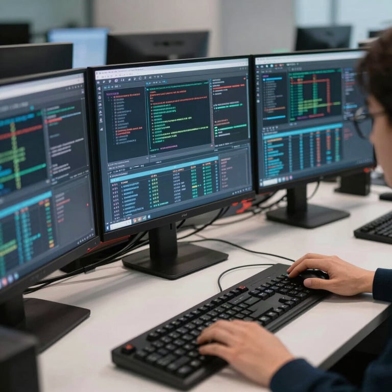 A detailed shot of a modern computer workstation with multiple monitors displaying data.