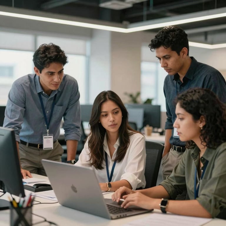 A group of diverse South American professionals collaborating in an open-plan office space.