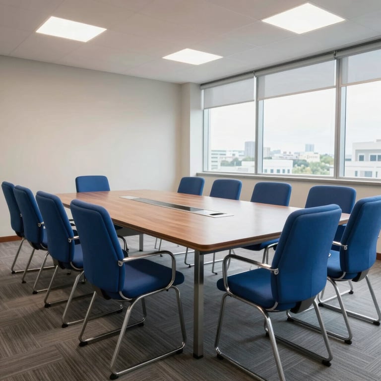 A brightly lit, professional meeting room in a South American office with steel blue chairs.