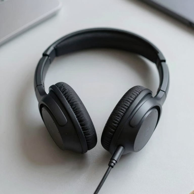 Close-up of a high-end telecommunication headset on a clean, light grey desk.