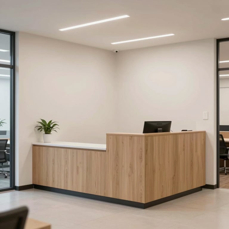Reception area of a modern company with a welcoming atmosphere and off-white walls.