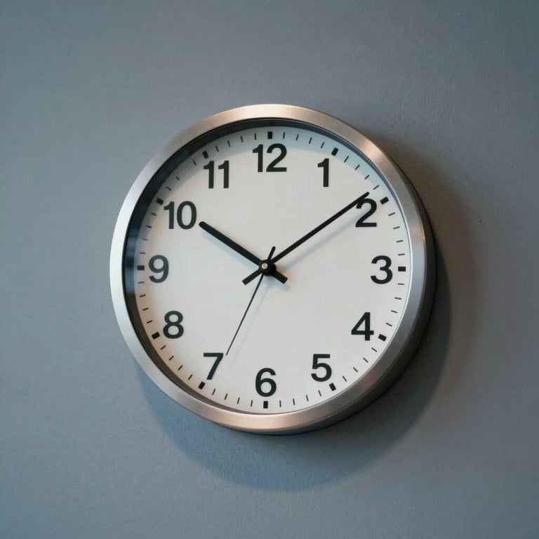 A sleek, silver-faced analog clock on a minimalist blue-gray office wall, symbolizing timely investment expertise.