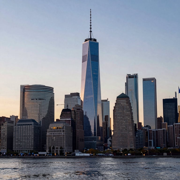 A wide shot of the New York City skyline at sunset, highlighting the modern financial district architecture in deep blue and off-white tones.