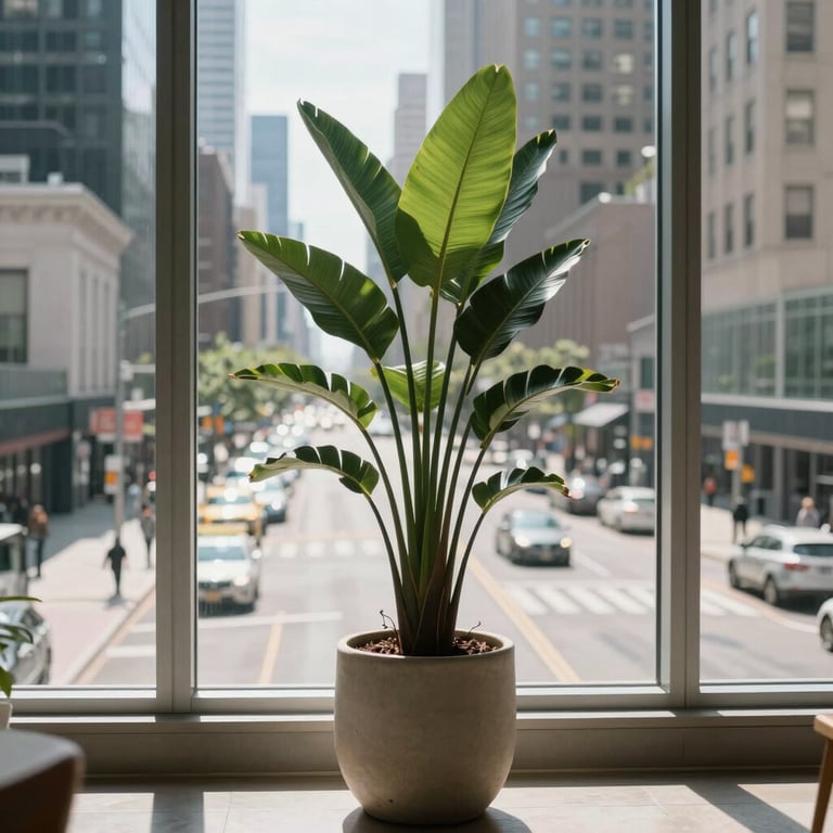 A tall, green plant in a ceramic pot next to a large window overlooking a bustling North American city street during the day.