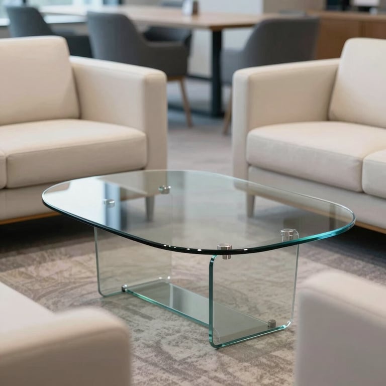 A low-profile glass table in a sophisticated office lounge area with soft, off-white upholstery and blue-gray accents.