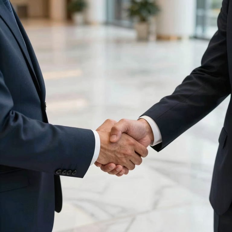 A firm handshake between two business partners in a bright, modern lobby with marble floors in the US.