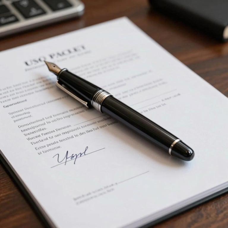 A close-up of a professional fountain pen resting on signed investment documents on a dark wood desk in a US office.