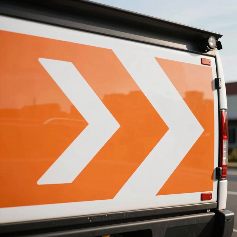Detail shot of a moving truck tailgate showing a stylized arrow logo, vibrant orange and white colors, sunlight reflections.