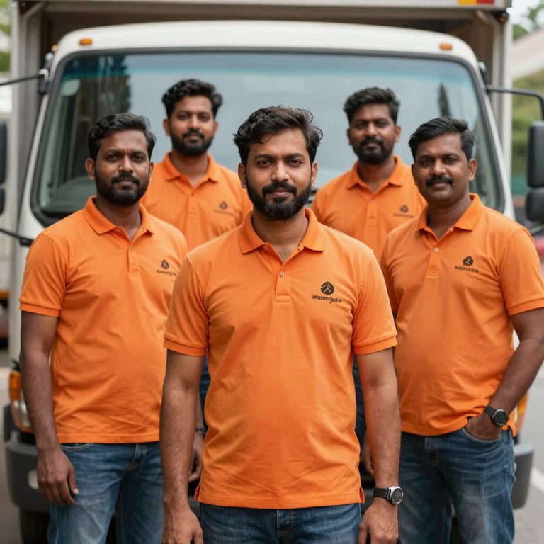 A team of South Asian / Indian moving professionals standing confidently by their truck, wearing branded orange polo shirts.