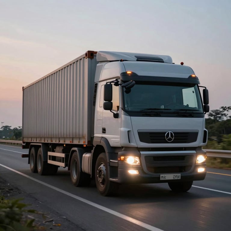 A large logistics truck on a modern Indian highway at dusk, with headlights cutting through the twilight, motion blur.