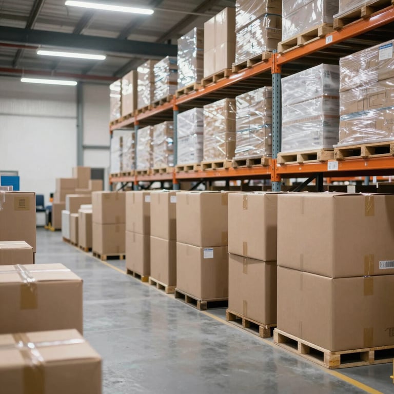 Interior of a clean, organized logistics warehouse in India with stacks of boxes, bright white lighting, very corporate vibe.