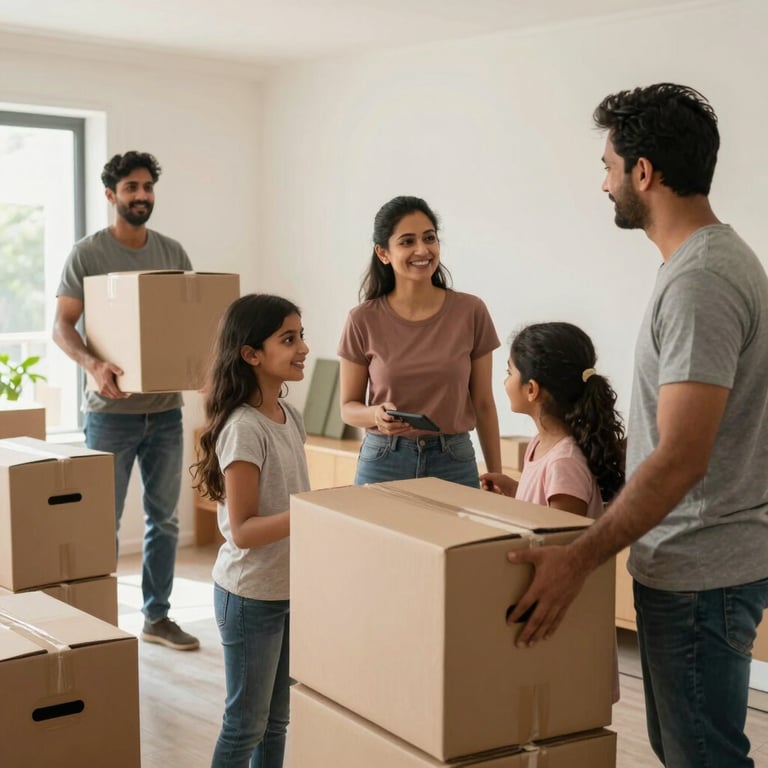 A happy family in a new modern South Asian / Indian home being greeted by movers unloading boxes carefully.