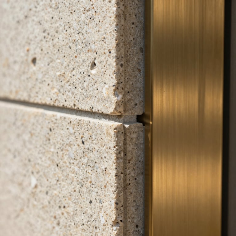 Macro detail shot of flawless joint alignment between textured basalt stone tiles and brushed brass profile, bright daylight.
