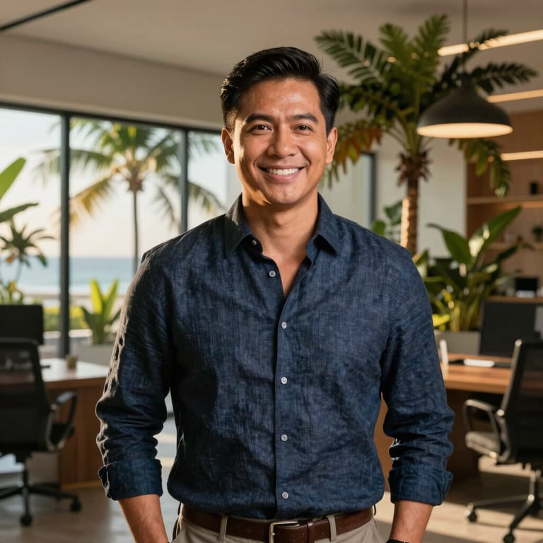 A professional portrait of a Filipino male real estate director in a tailored linen shirt, smiling confidently, modern tropical office background, warm natural light.