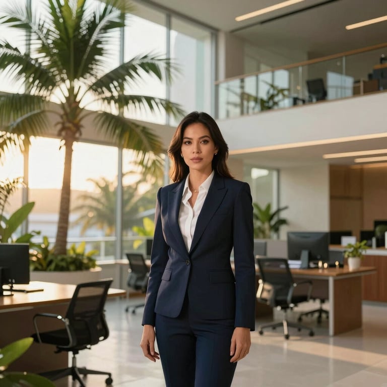 A professional portrait of a Filipina female investment broker in elegant business attire, modern tropical office setting, soft golden hour light.