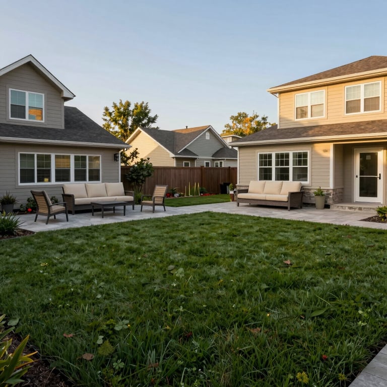 An expansive backyard patio with a Deep Green lawn and outdoor seating in Beige, North American suburbs, late afternoon sun.