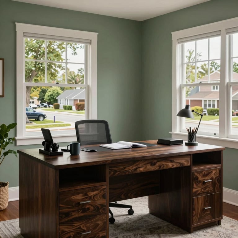A sophisticated home office with a dark wood desk and Sage Green walls, overlooking a North American neighborhood.