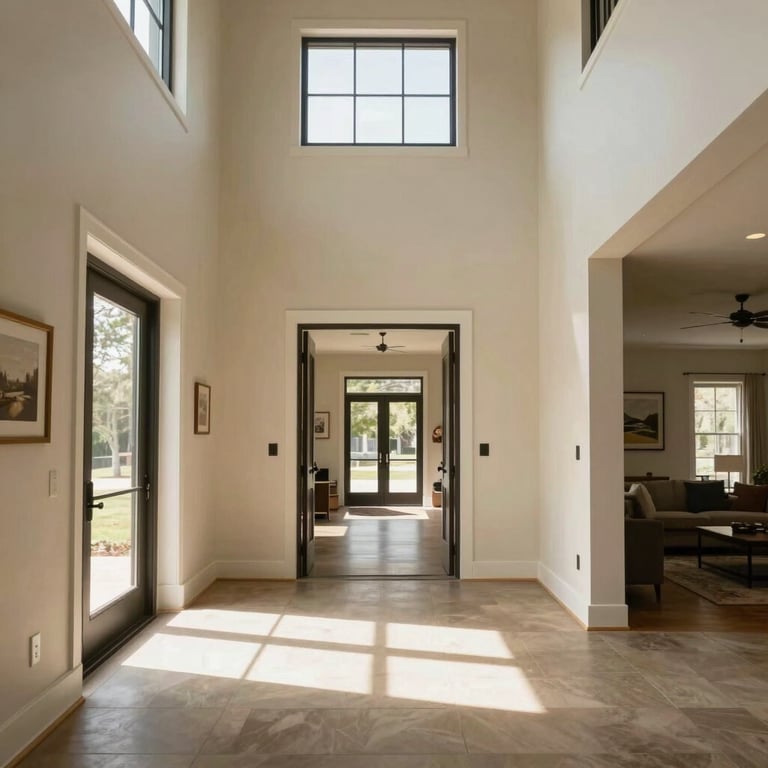 A bright North American kitchen featuring Cream cabinetry and Stone Gray marble countertops, natural morning light, wide shot.