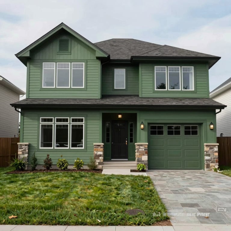 The exterior facade of a modern North American house with Moss Green trim and a manicured lawn, high-end real estate photography.