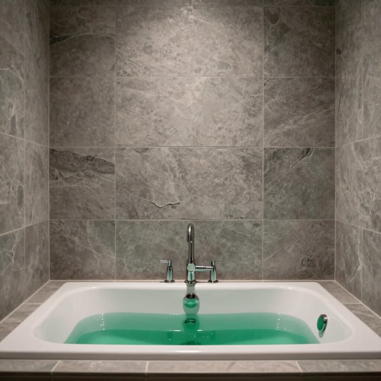 A luxury bathroom with Stone Gray tiles, a deep soaking tub, and Moss Green accents, North American style, clean composition.