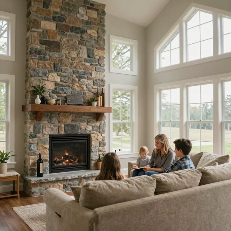 A cozy family room with a stone fireplace, Beige sofa, and large windows, North American setting, inviting atmosphere.