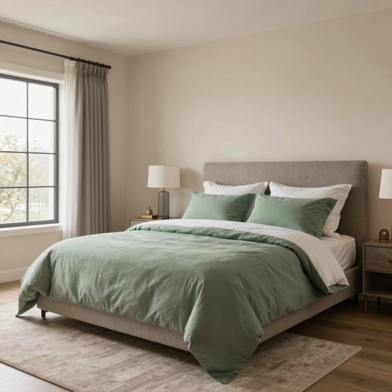 A spacious master bedroom in a North American home, soft Beige walls, Sage Green bedding, elegant modern furniture.