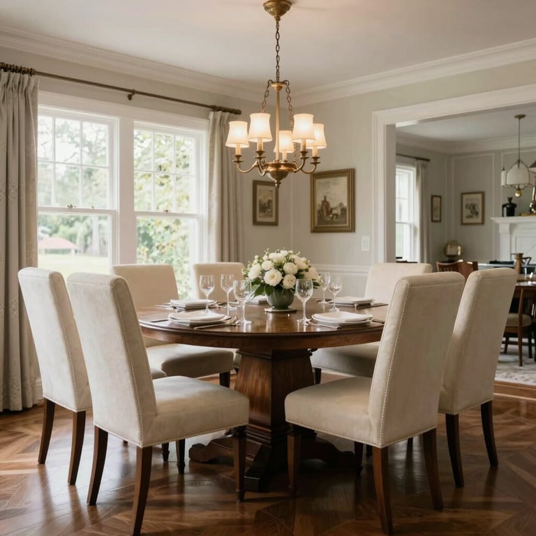A formal dining room with a large wooden table, Cream upholstered chairs, and elegant lighting in a North American home.
