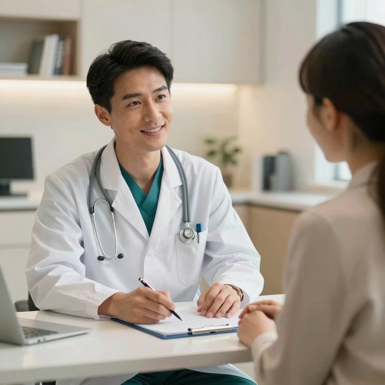 A professional physician in clean, luxurious clinical attire consulting warmly with a patient in a modern North American / US medical office. High-end, comforting, softly lit scene with deep teal and warm cream accents.