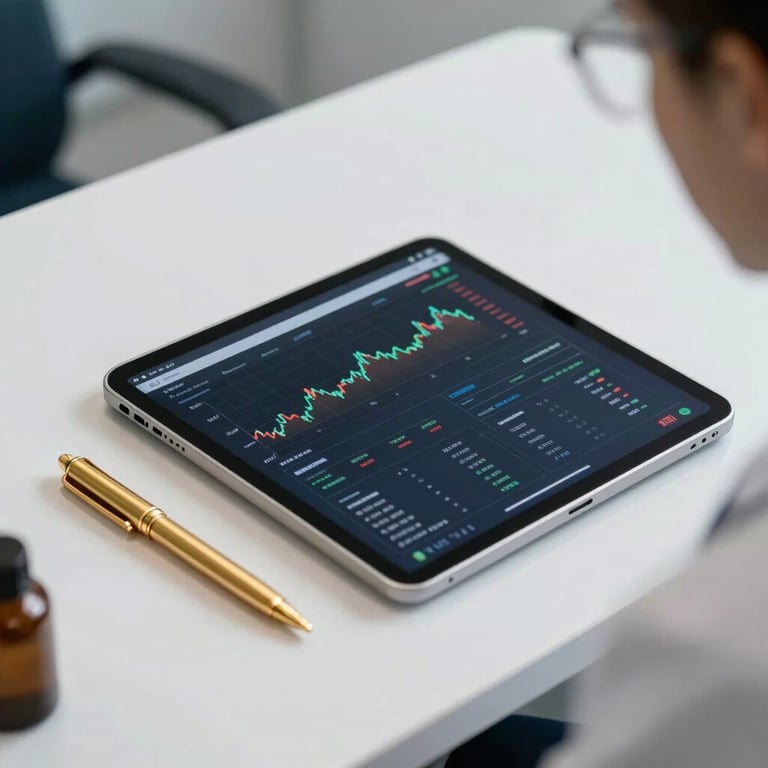 A professional medical consultation setting, showcasing a high-tech tablet displaying health metrics on a clean white desk next to a modern golden metal pen. Clinical, luxury, high-end science.