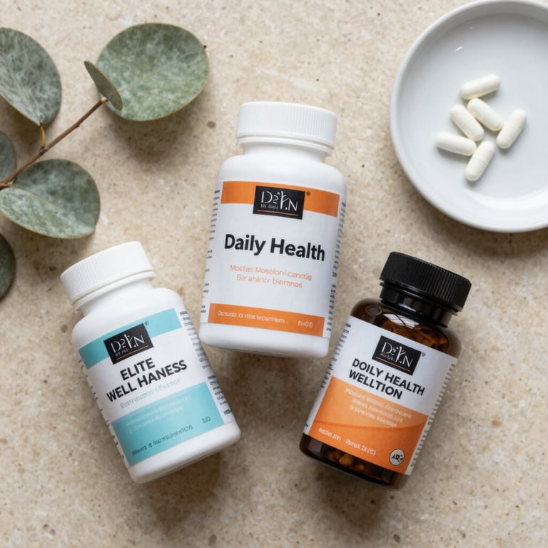 A flat-lay photograph of customized daily health supplements and elite wellness plans on a textured warm alabaster surface, framed by a soft sage green leaf and a clean ceramic dish. Natural light.