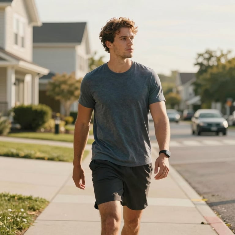 A confident, healthy individual walking outdoors in a bright, modern North American / US neighborhood, looking refreshed and vital. Clean lifestyle photography, warm golden hour lighting, reflecting ultimate vitality.