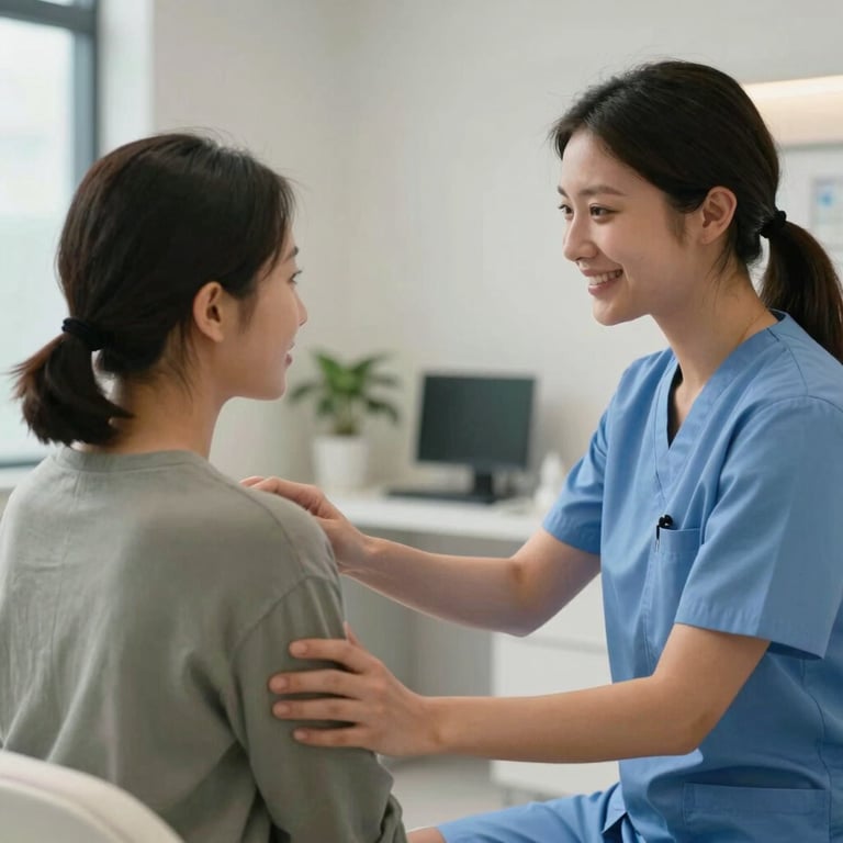 A patient receiving personal guidance from a smiling, elite clinical wellness coordinator in a contemporary medical office. Comforting, reassuring mood, modern North American / US medical spa style, soft lighting.