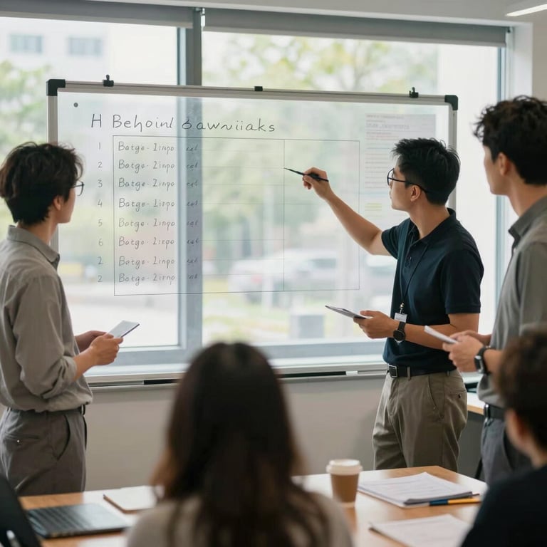 A collaborative workshop environment with instructors presenting behavioral metrics on a clear board, medium shot, bright natural daylight.