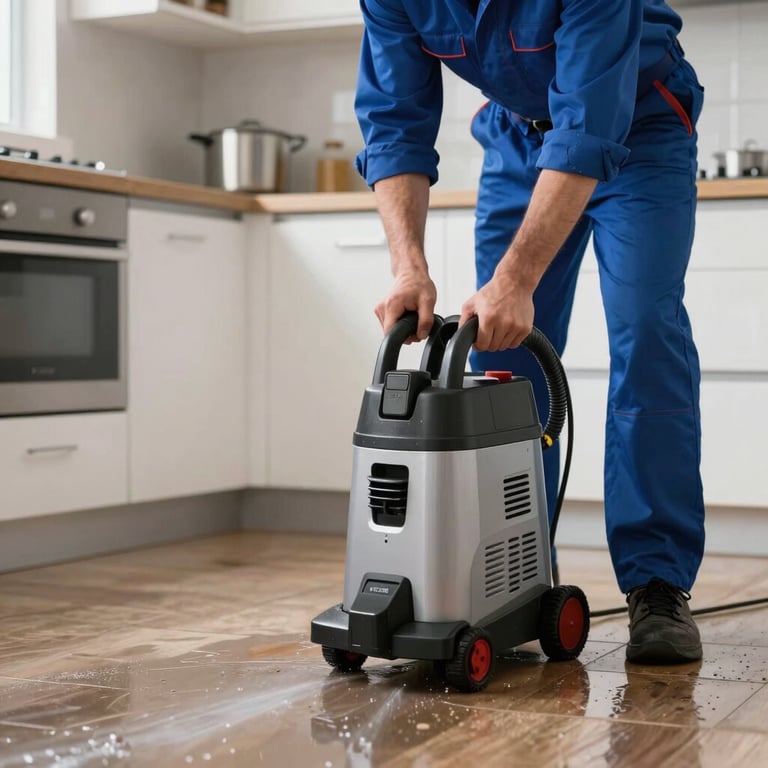 A technician in a blue uniform using a water extraction machine on a wet floor in a residential kitchen.