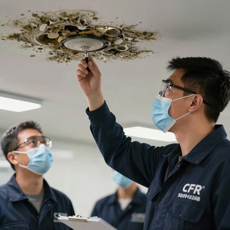 A professional team member wearing a safety mask and branded gear inspecting a ceiling for mold prevention.