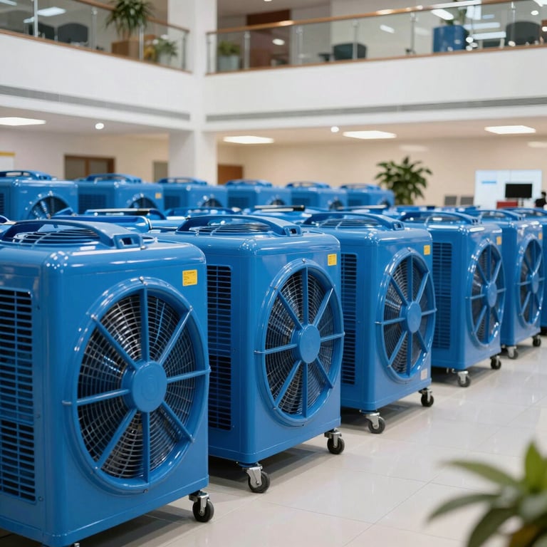 Rows of professional blue air movers drying a large commercial lobby after a storm.