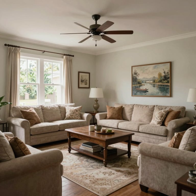 A wide shot of a beautifully restored and clean living room in a North American / US - Florida home after professional drying.