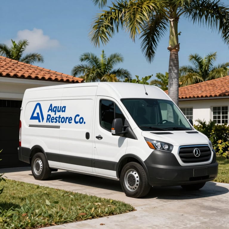 A white service van with blue Aqua Restore Co. branding parked in a sun-drenched Miami driveway with palm trees.